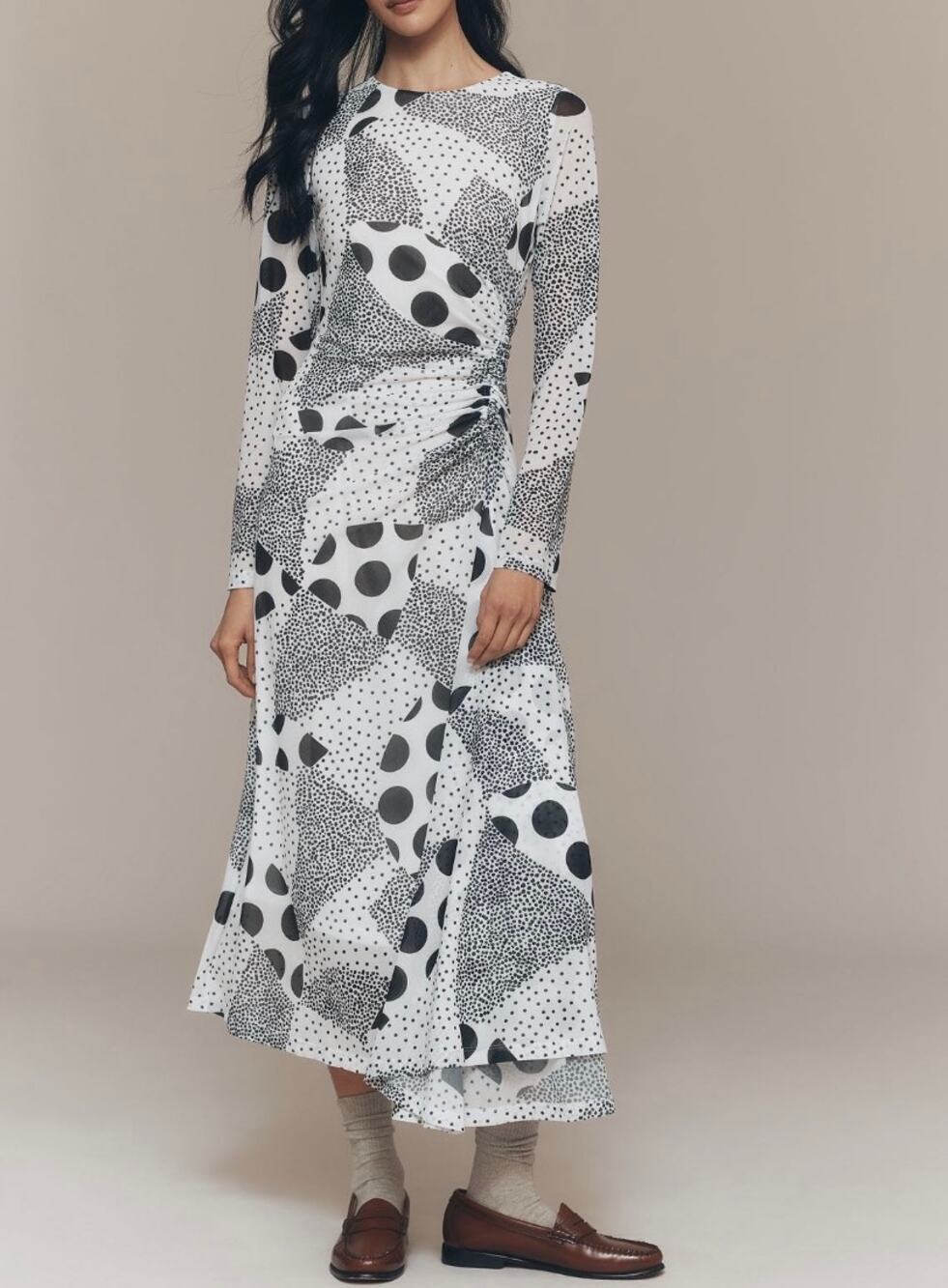 ANTHROPOLOGIE NWT Black & White Long Sleeve Ruched Mesh Midi Dress Size Medium